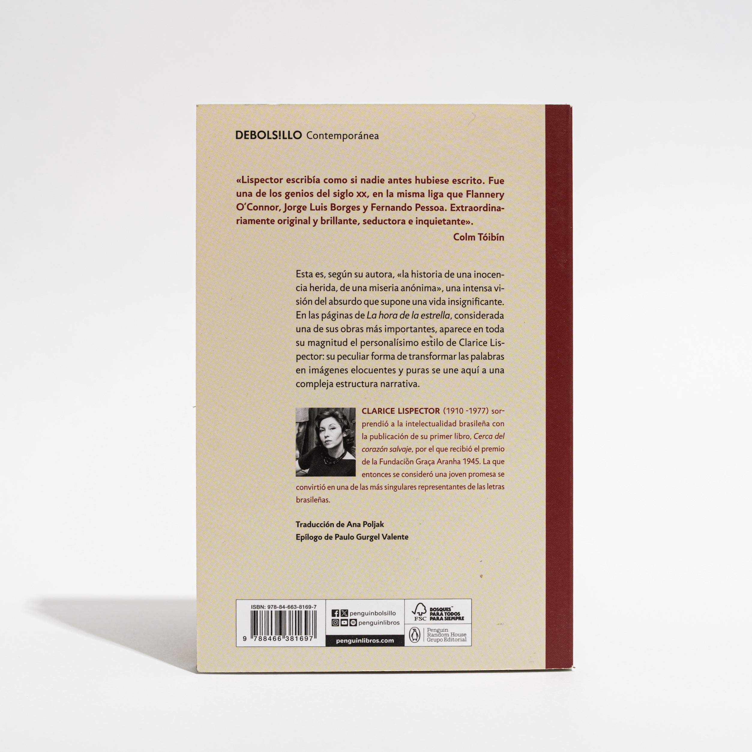 Contra portada del libro La hora de la estrella de Clarice Lispector, edición Debolsillo